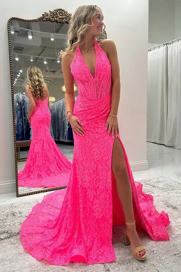Mermaid Halter Corset Slit Pink Prom Dress with Lace Appliques PSK692