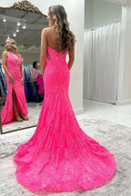 Mermaid Halter Corset Slit Pink Prom Dress with Lace Appliques PSK692
