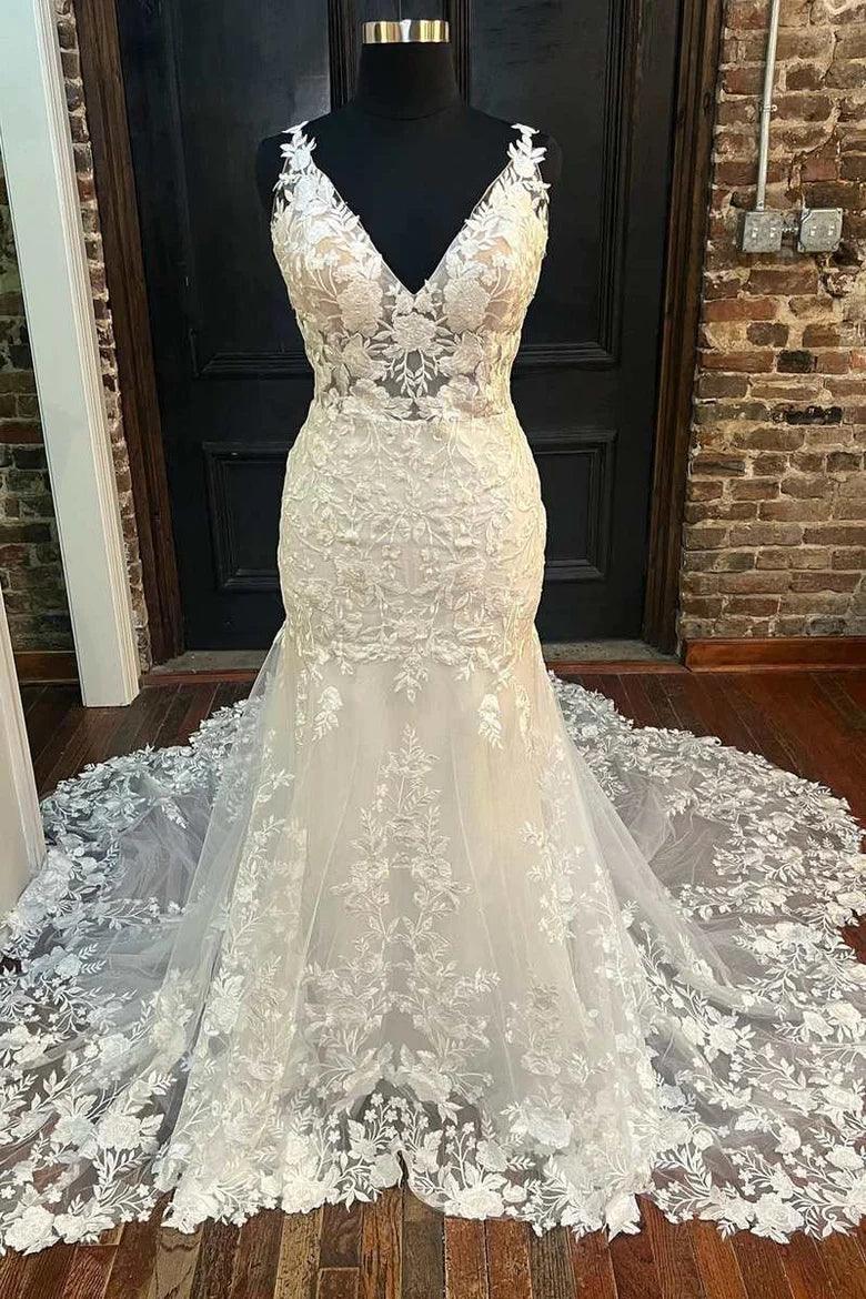 Nixenelfenbein-Floralspitzen-V-Ausschnitt-Hochzeitskleid Brautkleid Lang