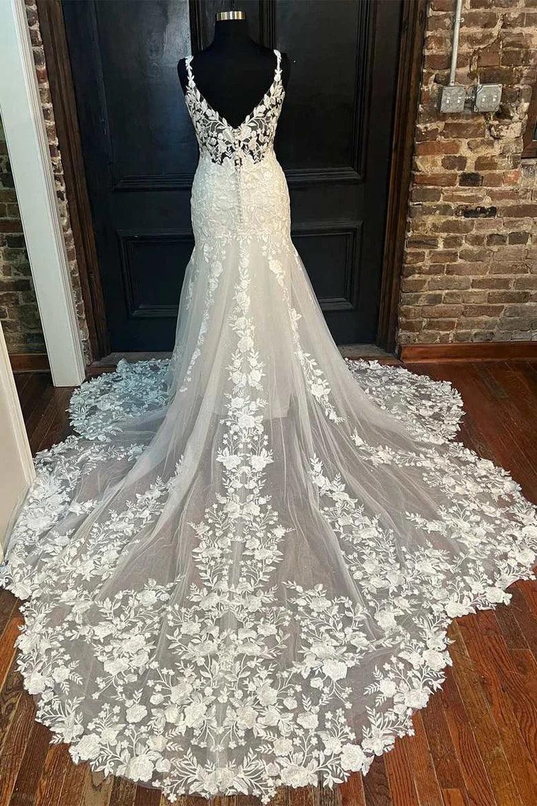 Nixenelfenbein-Floralspitzen-V-Ausschnitt-Hochzeitskleid Brautkleid Lang
