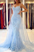 Abito da Sera Lungo in Tulle Blu con Pizzo a Cuore di Sirena  PSK262