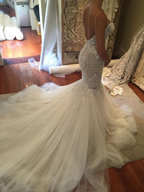 Meerjungfrau Spitze Spaghettiträger Herzausschnitt Brautkleider, Brautkleid, MW551