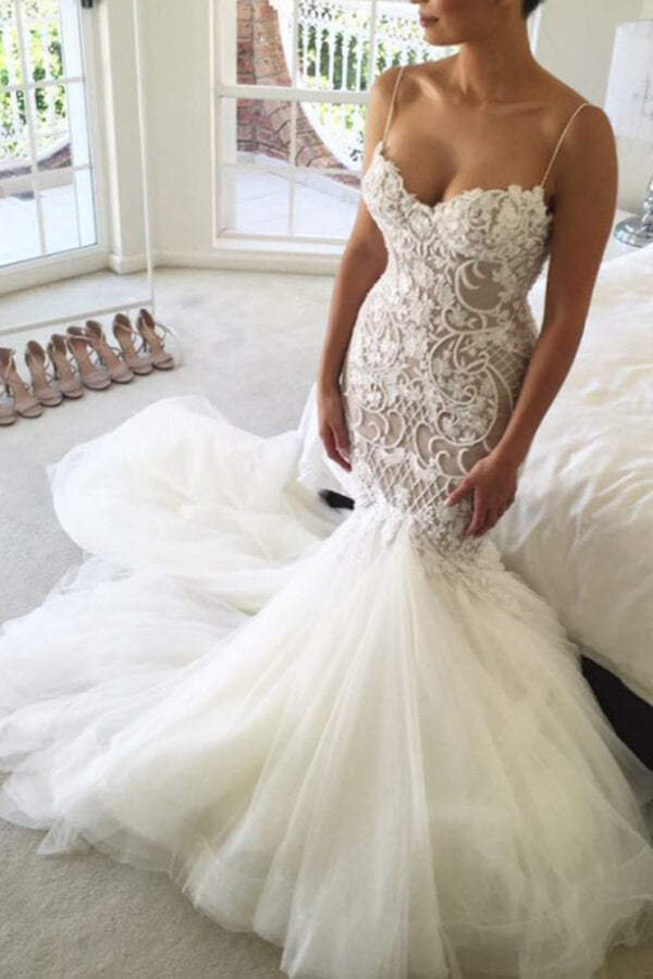 Meerjungfrau Spitze Spaghettiträger Herzausschnitt Brautkleider, Brautkleid, MW551