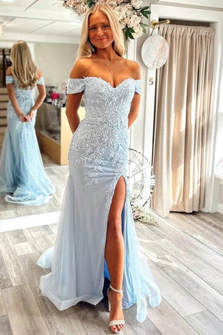 Vestido de festa azul sereia com aplicações nos ombros de fora e decote em coração PSK664