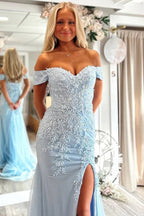 Mermaid Off Shoulder Appliques Sweetheart Blue Prom Dress PSK664