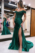Robe de bal longue vert émeraude sirène satin dentelle asymétrique PSK375