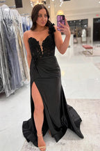 Mermaid One Shoulder Black Long Satin Prom Dress With Split PSK676