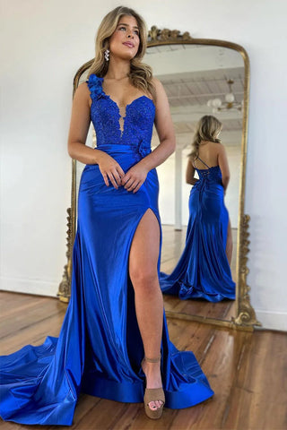 Mermaid One Shoulder Black Long Satin Prom Dress With Split PSK676