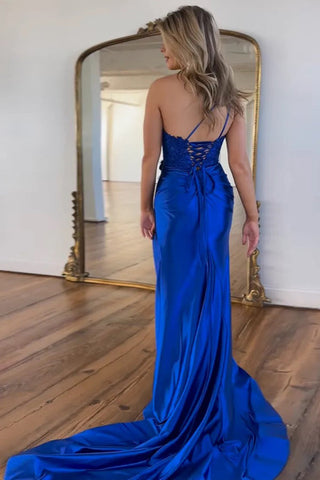 Mermaid One Shoulder Black Long Satin Prom Dress With Split PSK676