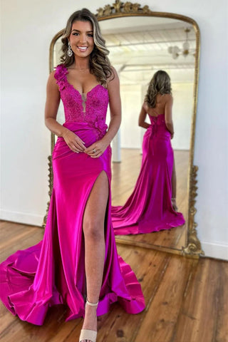 Mermaid One Shoulder Black Long Satin Prom Dress With Split PSK676
