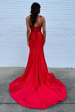 Mermaid One Shoulder Black Long Satin Prom Dress With Split PSK676