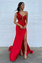 Mermaid One Shoulder Black Long Satin Prom Dress With Split PSK676