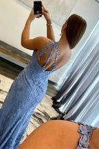 Vestido de festa comprido azul sereia, um ombro, renda, com racha, PSK412