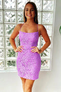 Robe de bal de fin d'études courte sirène violette bodycon à lacets et dentelle PD473