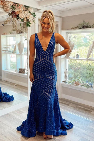 Vestido de festa comprido sereia azul royal com decote em V PSK345