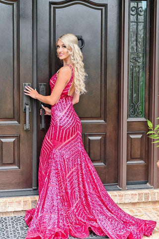Vestido de festa comprido sereia azul royal com decote em V PSK345