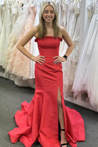 Trägerloses Meerjungfrau-Ballkleid in Tiffany-Blau mit Rüschen und Schlitz PSK701