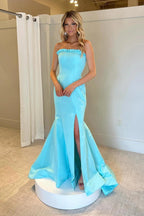 Ruffle Strapless Mermaid Tiffany Blue Prom Dress With Split PSK701