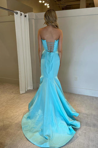Trägerloses Meerjungfrau-Ballkleid in Tiffany-Blau mit Rüschen und Schlitz PSK701