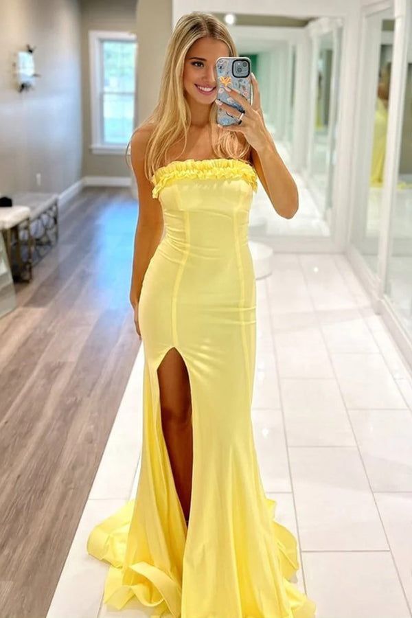 Mermaid Ruffles Strapless Yellow Long Prom Dress with Slit PSK704