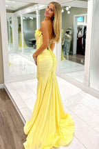 Mermaid Ruffles Strapless Yellow Long Prom Dress with Slit PSK704