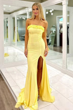 Mermaid Ruffles Strapless Yellow Long Prom Dress with Slit PSK704