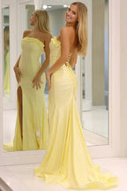 Mermaid Ruffles Strapless Yellow Long Prom Dress with Slit PSK704