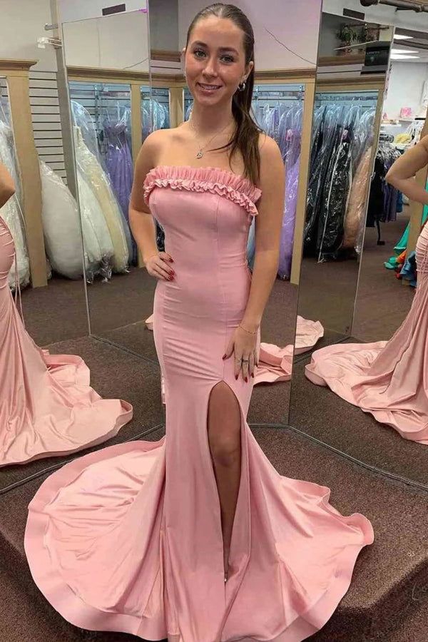 Mermaid Ruffles Strapless Yellow Long Prom Dress with Slit PSK704