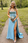 Corset à Bretelles Spaghetti Sirène Robe de Bal Longue Bleue avec Fente PSK657