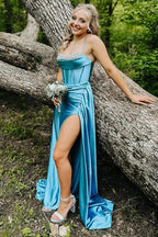 Mermaid Spaghetti Straps Corset Blue Long Prom Dress With Slit PSK657