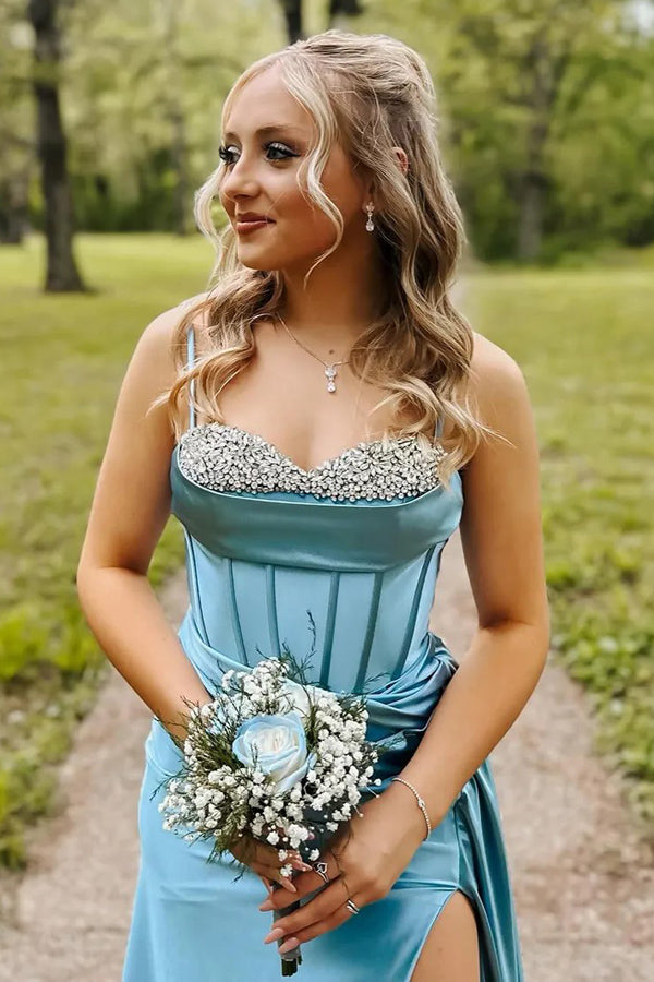 Mermaid Spaghetti Straps Corset Blue Long Prom Dress With Slit PSK657