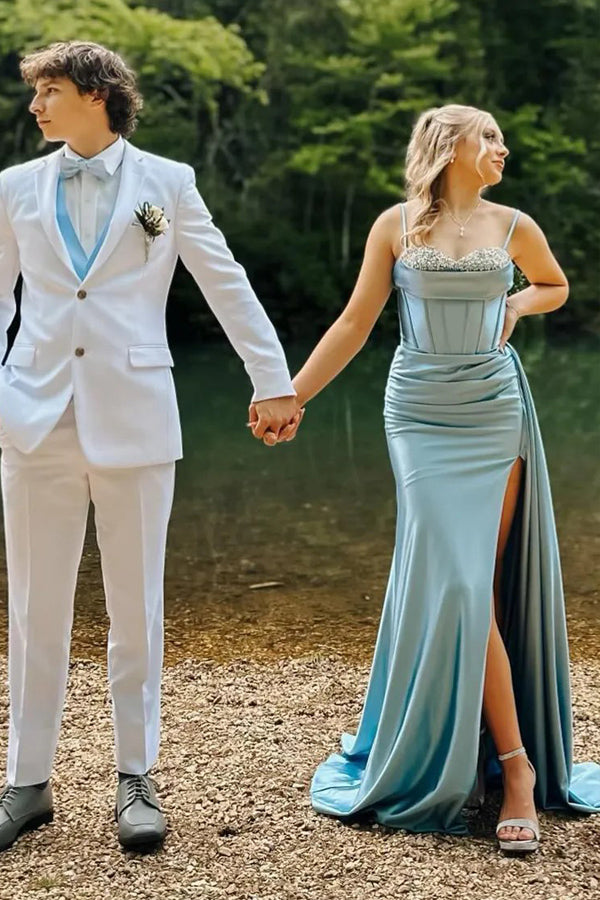 Mermaid Spaghetti Straps Corset Blue Long Prom Dress With Slit PSK657