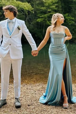 Meerjungfrau Spaghettiträger Korsett Blau Langes Ballkleid mit Schlitz PSK657