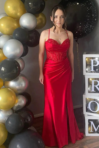 Meerjungfrau Spaghettiträger Korsett Langes Ballkleid mit Schlitz PSK597