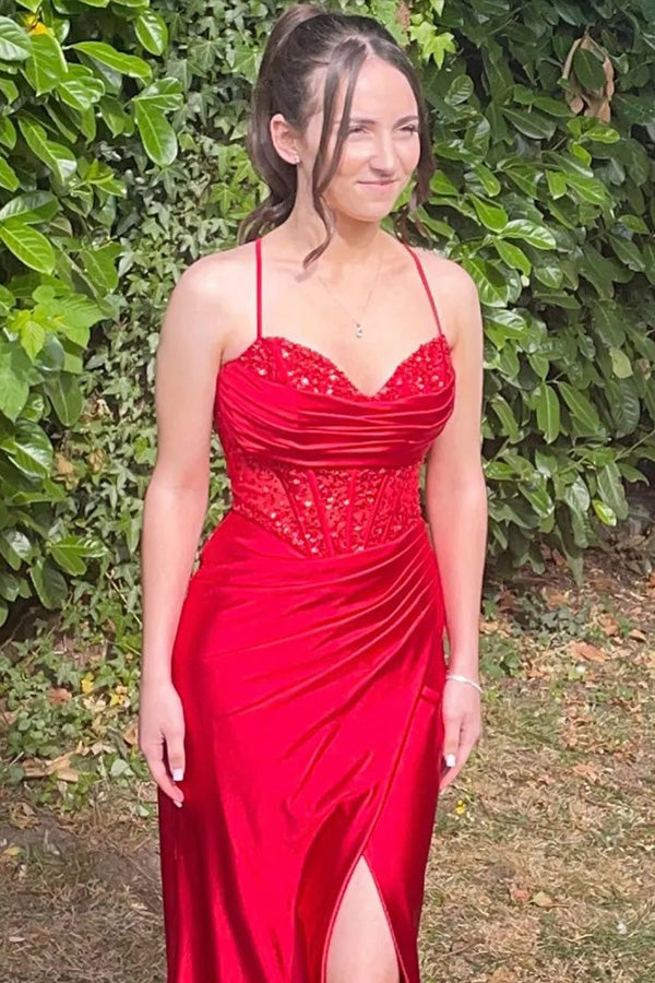 Mermaid Spaghetti Straps Corset Long Prom Dress with Slit PSK597