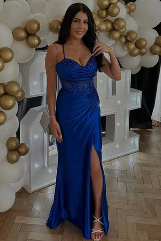 Meerjungfrau Spaghettiträger Korsett Langes Ballkleid mit Schlitz PSK597