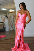 Vestido de festa comprido rosa com alças finas e racha, estilo sereia, PSK617