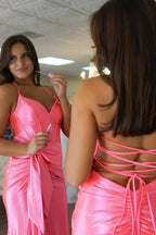 Mermaid Spaghetti Straps Corset Pink Long Prom Dress with Slit PSK617