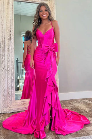 Mermaid Spaghetti Straps Corset Pink Long Prom Dress with Slit PSK617