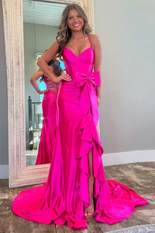 Mermaid Spaghetti Straps Corset Pink Long Prom Dress with Slit PSK617