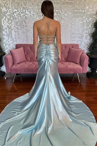 Mermaid Spaghetti Straps Corset Pink Long Prom Dress with Slit PSK617