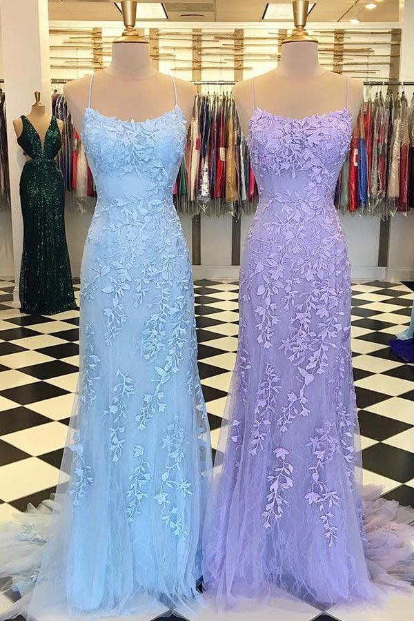 Mermaid Spaghetti Straps Criss Cross Light Blue Long Prom Dress PG721