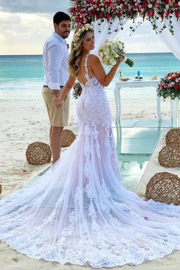 Vestido de Noiva de Praia com Alças Espaguete e Renda Sereia
