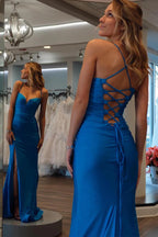 Mermaid Spaghetti Straps Royal Blue Prom Dress With Split PSK687