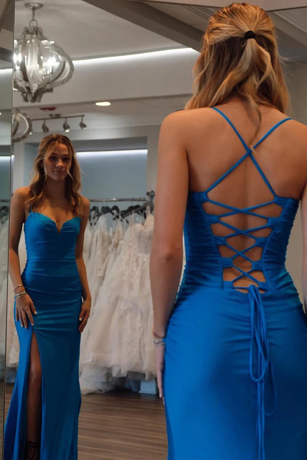 Mermaid Spaghetti Straps Royal Blue Prom Dress With Split PSK687