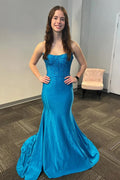 Robe de bal longue bleue satin perlé corset sans bretelles sirène PSK629