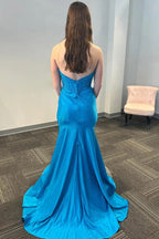 Mermaid Strapless Corset Beaded Satin Blue Long Prom Dress PSK629