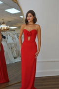 Robe de bal longue rouge satinée à fleurs sans bretelles sirène PSK588