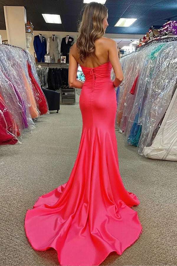 Mermaid Strapless Ruched Fuchsia Long Prom Dress with Slit PSK662