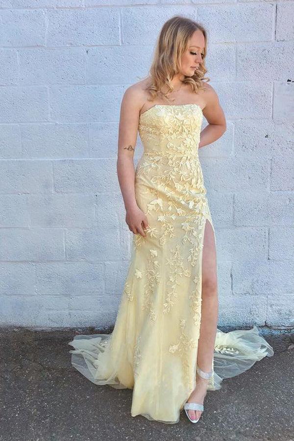 Vestido de festa/formal sereia, sem alças, azul-celeste, com racha e renda PSK075